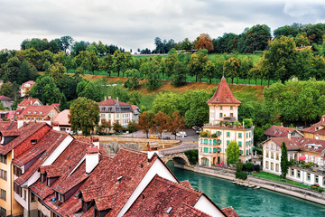 Unterbrucke bridge over Aare River and rooftops of Bern