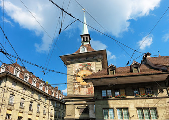 Fototapeta na wymiar Zytglogge on Marktgasse street with shopping area in Bern