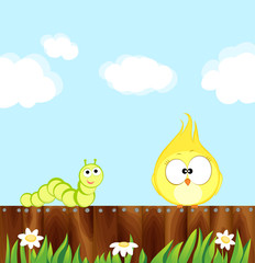 Canary and green caterpillar sitting on a wooden fence. Cartoon bird Vector illustration eps 10.