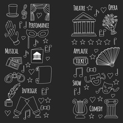 Hand drawn doodle Theatre set Vector illustration Sketchy theater icons Ticket Masks Lyra Flowers Curtain stage Musical notes Pointe shoes Make-up artist tools Theatre acting performance elements