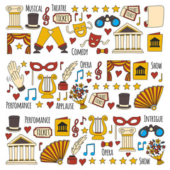 Hand drawn doodle Theatre set Vector illustration Sketchy theater icons Ticket Masks Lyra Flowers Curtain stage Musical notes Pointe shoes Make-up artist tools Theatre acting performance elements