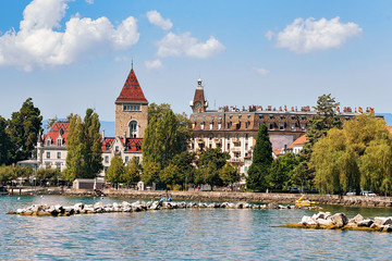 Chateau Ouchy at Lake Geneva promenade in Lausanne