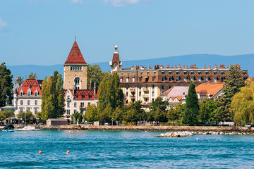 Chateau Ouchy at Lake Geneva quay in Lausanne