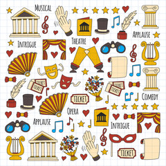 Hand drawn doodle Theatre set Vector illustration Sketchy theater icons Ticket Masks Lyra Flowers Curtain stage Musical notes Pointe shoes Make-up artist tools Theatre acting performance elements