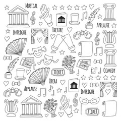 Hand drawn doodle Theatre set Vector illustration Sketchy theater icons Ticket Masks Lyra Flowers Curtain stage Musical notes Pointe shoes Make-up artist tools Theatre acting performance elements