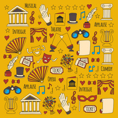 Hand drawn doodle Theatre set Vector illustration Sketchy theater icons Ticket Masks Lyra Flowers Curtain stage Musical notes Pointe shoes Make-up artist tools Theatre acting performance elements