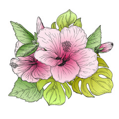 Beautiful floral hand drawn colorful tropical bouquet, bunch of pink and red hibiscus flowers and green palm leaves arrangement, isolated on white background. Vector illustration.