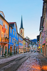 Obraz premium Spire of Maria Himmelfahrt Assumption day church Garmisch Partenkirchen