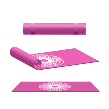Yoga mat rolled and open in pink color