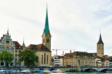 Saint Peter and Fraumunster Church at Limmat River quay Zurich