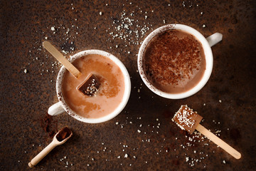 Two cups of hot chocolate with cocoa powder Chocolate on stick Top view