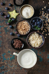 Ingredients for making smoothie for healthy breakfast. Bowls of yogurt, blueberries, granola, almond chia seeds, coconut, milk, chocolate, mint, carambola over dark wooden background. Top view, space