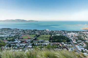 Townsville city from above on Castle Hill with Magnetic Island in the background