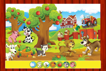 cartoon game page with farm landscape for children