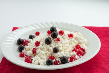 Homemade cottage cheese with red and black currants