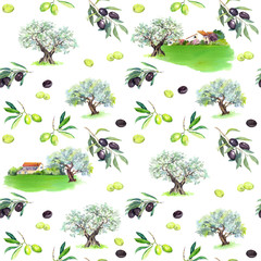 Olive branches, olives trees, farm houses. Seamless pattern. Watercolor