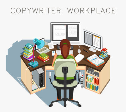 Copywriter workplace. Writer at work. Journalistic activity. Vector illustration