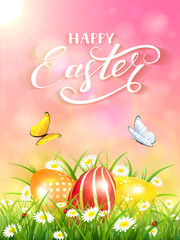 Pink background with butterflies and three Easter eggs in grass