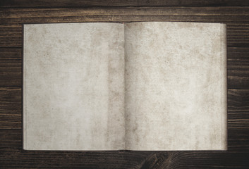 open plain page vintage book with stained yellowed paper on dark brown wooden surface