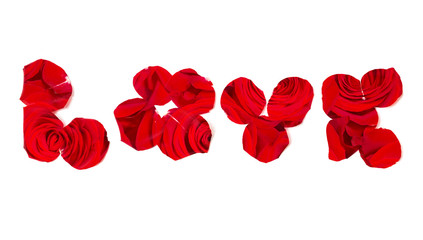 Double exposition: Love lettering, taken from rose petals and background of roses