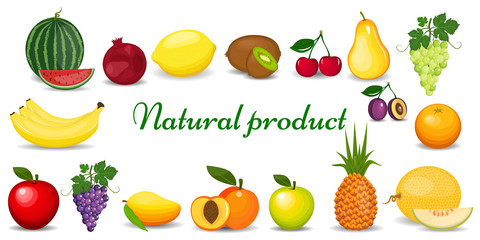 Set of colorful cartoon fruit. Set of fresh healthy fruits.