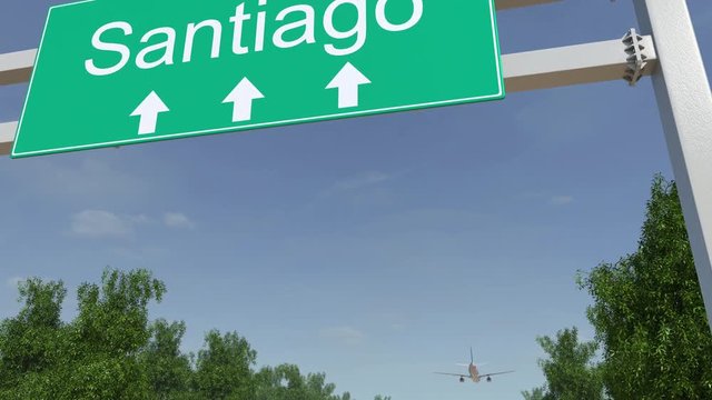Airplane arriving to Santiago airport. Travelling to Chile conceptual 4K animation