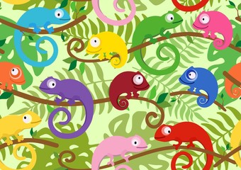 Seamless pattern with cute, colored chameleons. Vector illustration.
