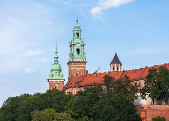 A beautiful view of the Wawel Castle from the Vistula River on a sunny day. Cracow, Poland.