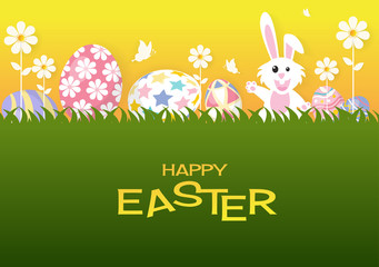 Happy Easter greeting card with rabbit, bunny and eggs