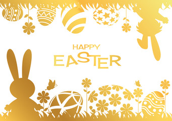 Gold Happy Easter greeting card with rabbit, bunny and eggs