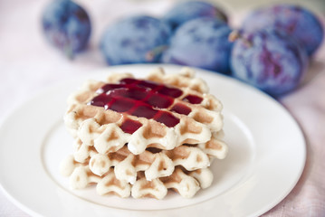 Belgian waffle with plum jam