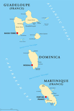 Guadeloupe, Dominica and Martinique political map with capitals Basse-Terre, Roseau and Fort-de-France. Islands in Caribbean Sea and parts of Lesser Antilles. Illustration. English labeling. Vector.