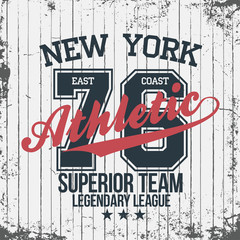 New York sportswear emblem. Athletic university apparel design with lettering. T-shirt graphics. Vector