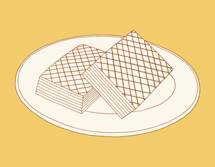 Two pieces of waffle cake on the plate. Dessert hand drawn vector illustration