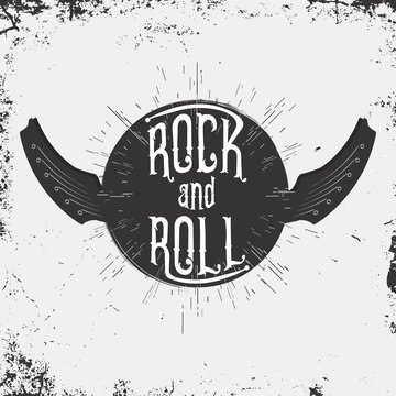 Rock and Roll music print. Grunge print for T-shirt with lettering and wings in guitar form. Monochrome vintage label, stamp with starburst and ray. Vector illustration