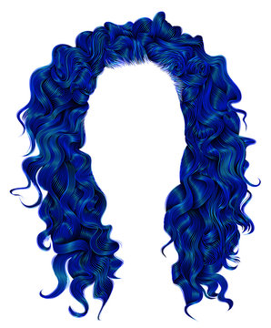 long curly hairs dark blue  colors .  beauty fashion style . wig .
