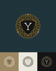 Flourishes glitter gold monogram logo. Vector illustration.