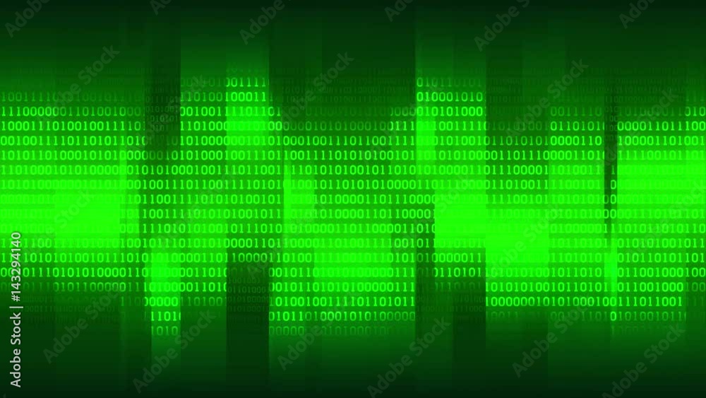 Poster green abstract background with vertical shining stripes and digital binary array, seamless loop