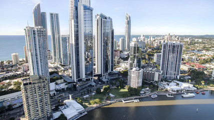 Surfers Paradise city centre's famous skyline viewed from above.