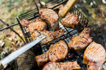 Flames on a Barbecue grill with lot of charcoal