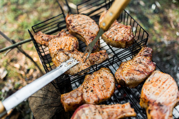 Flames on a Barbecue grill with lot of charcoal