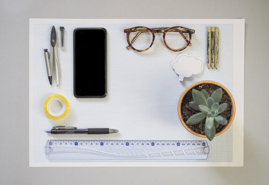 Top view of engineer's desk