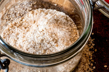 gomasio, made of sesame seeds and hymalaian pink salt in a mason jar
