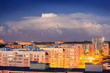 View of the buildings in the city of Izhevsk at sunset