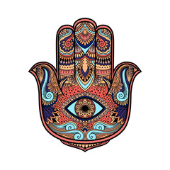multicolored illustration of a hamsa hand symbol. Hand of Fatima religious sign with all seeing eye. Vintage boho style. Vector illustration in doodle zen tangle style