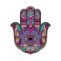 multicolored illustration of a hamsa hand symbol. Hand of Fatima religious sign with all seeing eye. Vintage boho style. Vector illustration in doodle zen tangle style