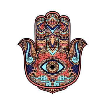 multicolored illustration of a hamsa hand symbol. Hand of Fatima religious sign with all seeing eye. Vintage boho style. Vector illustration in doodle zen tangle style