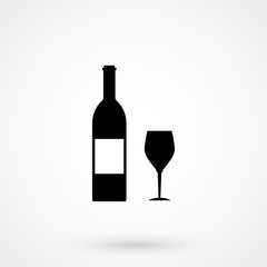 Wine bottle and wine glass silhouette isolated on white background. Vector icon or sign.