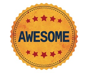 AWESOME text, on vintage yellow sticker stamp sign.