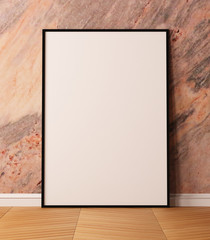 Mock up poster, standing on a wooden floor against a wall of marble. 3d illustration. 3D rendering